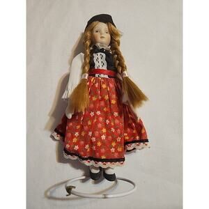 International Doll Porcelain Red Floral Dress Red Braided Hair 8.5" Vintage